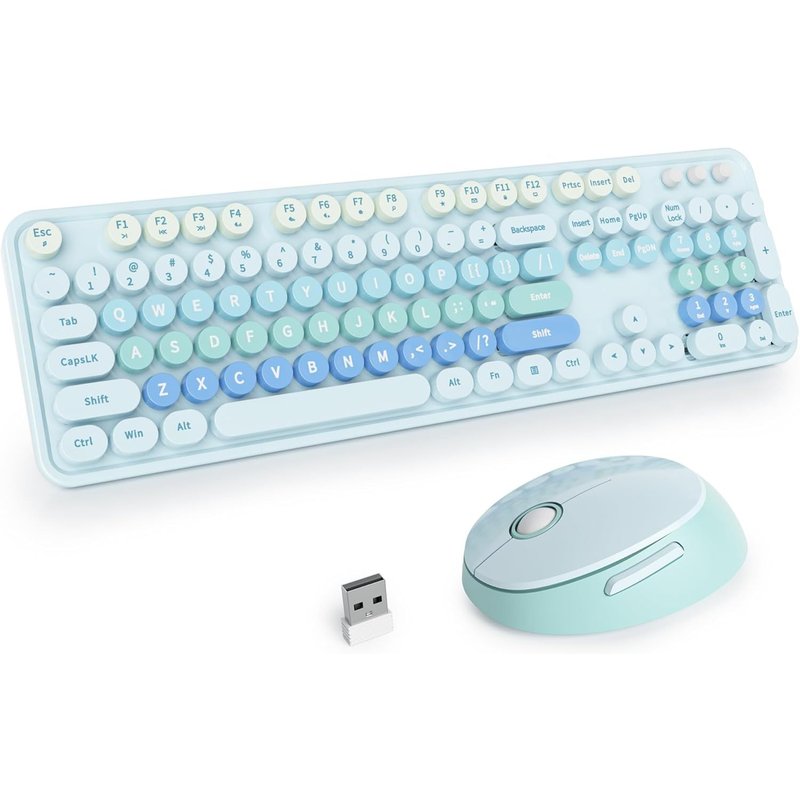 Ensemble Clavier Et Souris Sans Fil,104 Touches Clavier De Machine À Écrire Rétro,2.4Ghz Clavier De Machine À Écrire À Touches Rondes Avec Pavé Numérique(Américain Qwerty)(Blue Gradient)