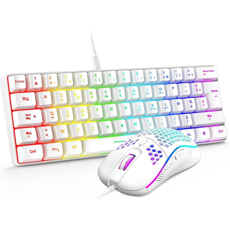 60% Ensemble Clavier Et Souris 2-En-1 Gamer, Azerty Français, Mini Clavier Ultra-Compact Rétroéclairé Rgb 62 Touches, Souris Légère 6 Boutons 7200 Dpi Pour Pc Mac Ps5 Xbox (Blanc)