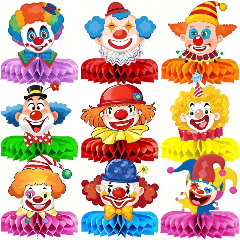 9 Pièces Décoration De Carnaval De Clown,Décorations De Table D'anniversaire Colorées En Nid D'abeille,Têie De Clown 3d En Nid D'abeille Décoration De Table,Pour Carnaval,Cirque Pour Enfants