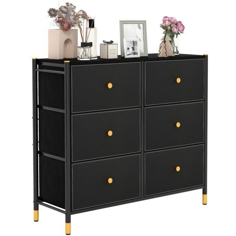 Costway Commode Meuble De Rangement - 6 Tiroirs Pliables En Tissu, Poignée En Bois, Cadre En Métal, Pieds Réglables - Salon, Chambre