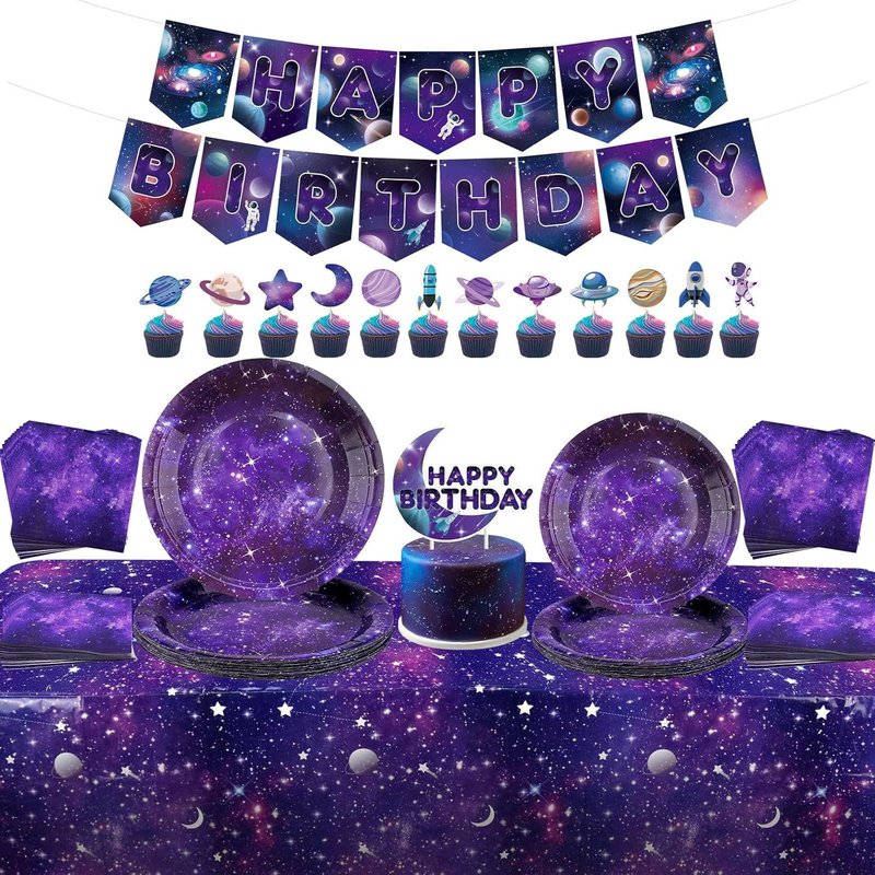 DĂ©corations De FĂȘte Sur Le ThĂšme De La Galaxie - Accessoires De FĂȘte D'anniversaire - Avec BanniĂšres,Assiettes,Tasses,Serviettes,Nappe Galaxy Outer Space Party DĂ©corations Pour Enfants