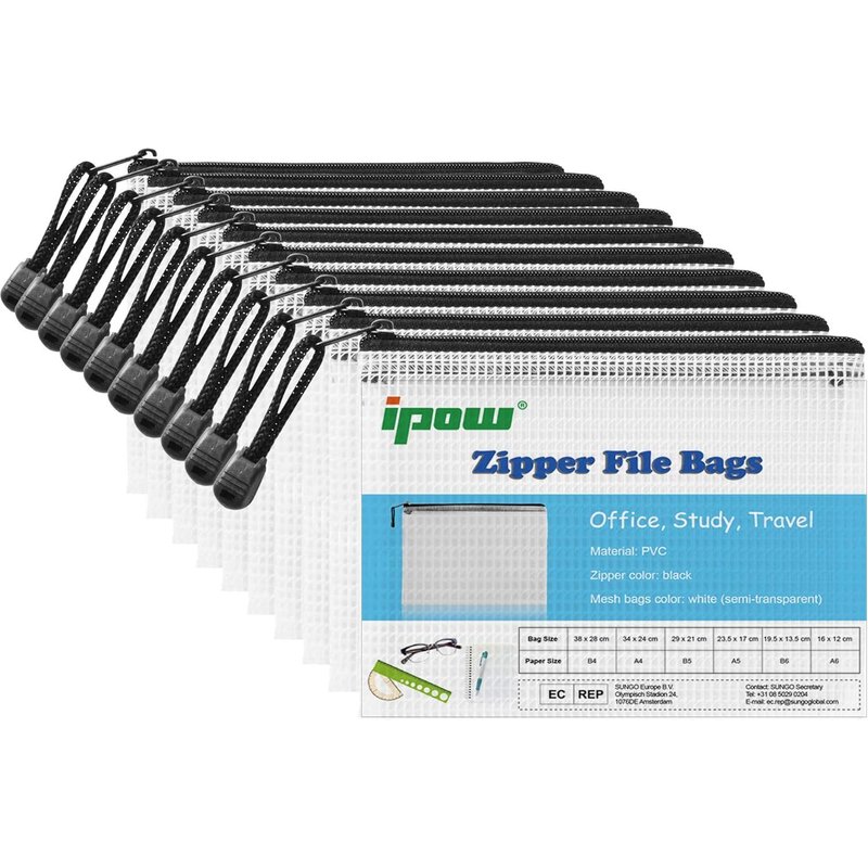 Pack of 10 A6 Document Pouches/File Bags PVC Plastic Mesh Zip File Folders Waterproof Storage Papers or Supplies,Travel,Office Accessories Etc. Semi-Transparent