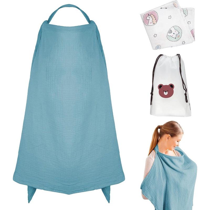 3 Pack Breathable Muslin Nursing Aprons For Baby,Storage Bag And Muslin Cloth,Multifunctional Nursing Cover For On The Go