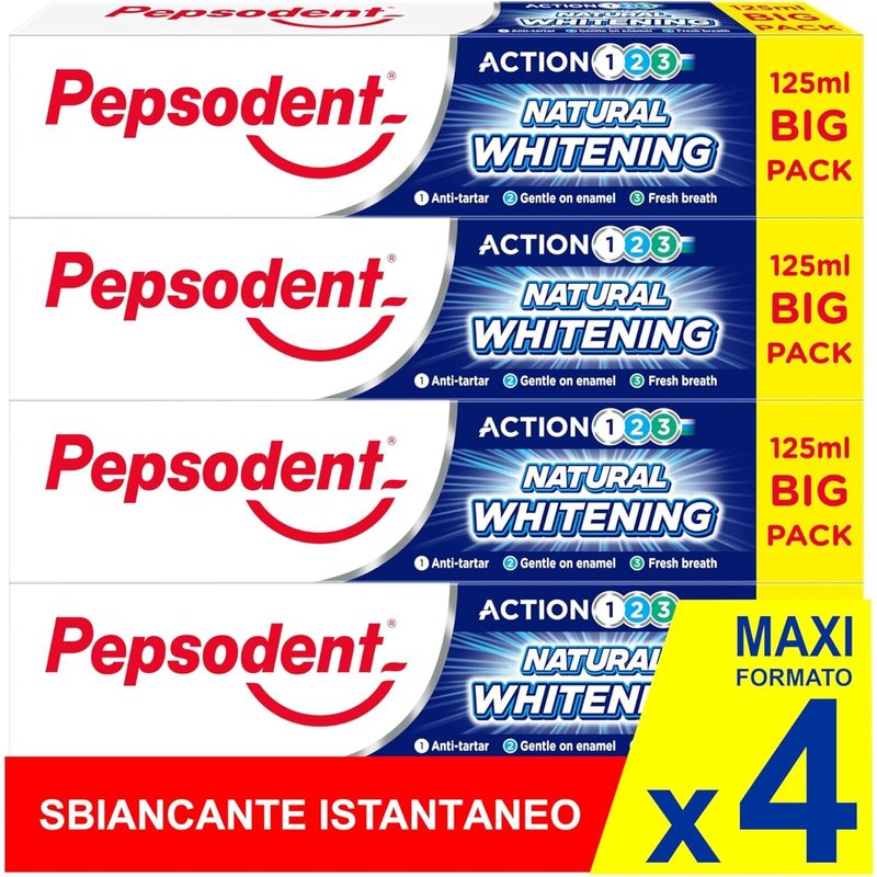 Natural Toothpaste 125 ml x 4 UnitsWhitening,Anti-Tartar,RefreshingLarge PackAction 123: Anti-Tartar Protection,Gentle for Nail Polish,Fresh Breath