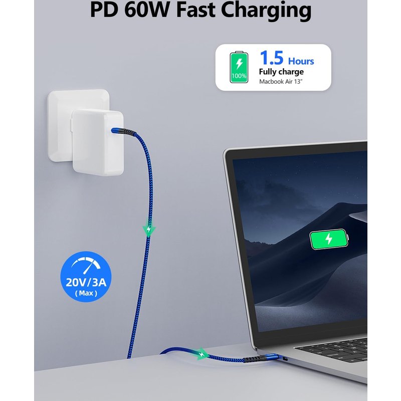Cable Usb C Vers Usb C, 2 Pièces 1M Pd 60W Cable Usb Type C Charge Rapide Pour Iphone 16/15 Pro Max, Macbook Pro, Ipad Pro 2020, Macbook Air, Galaxy S24 S23, Huawei P30, Xiaomi-Bleu