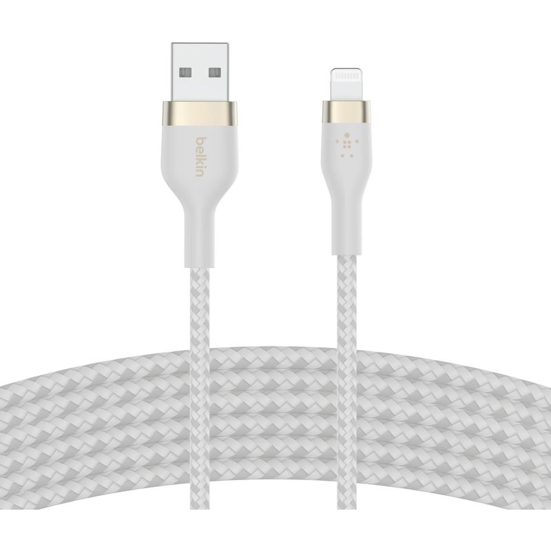 Câble À Gaine Tressée Usb-A Vers Lightning Boostcharge Pro Flex (3 M), Certifié Mfi, Pour Iphone 14, 13, 12, Pro, Max, Mini, Se, Ipad, Etc (Blanc)