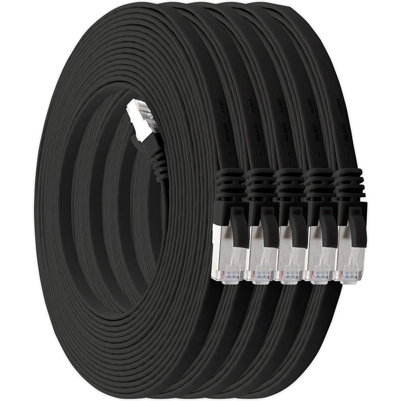 5 M - Noir - Lot De 5 Câbles Réseau Plats Cat7 Câble Brut Cat 7 Câble Ruban Gigabit Lan (10 Gbit/S) Câble D'Installation Câble Patch Plat Mince Fiche Rj 45 Cat6A