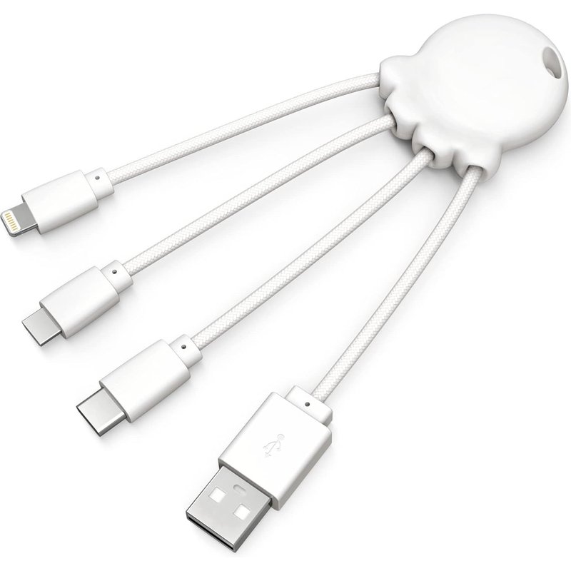 Octopus - Câble Multi Usb 4 En 1 En Forme De Pieuvre - Chargeur Universel En Plastique Recyclé - Prise Usb-C, Lightning, Usb-A, Micro Usb Pour Smartphone - Blanc