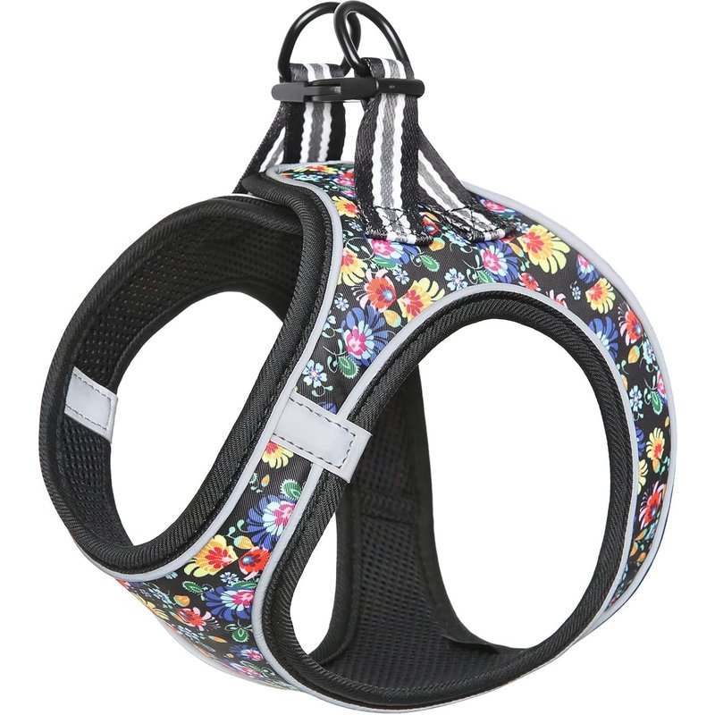 Harnais Pour Chien, Petit Chien Harnais Réfléchissante Maille Souple Florale Respirant Réglable Harnais Pour Chiot Pour Voyage Quotidien Et Marche De Nuit, Fleur Noir, M