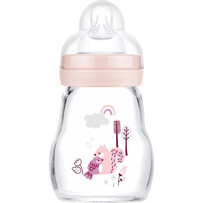 Feel Good Baby Glass Water Bottle,170 Ml,Milk Bottle With Wide Mouth,Stable Drinking Bottle With Teat,Size 1,From Birth,Squirrel/Bird