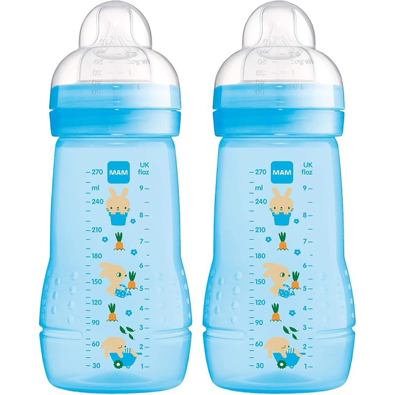 Easy Active Baby Bottle Set Of 2 (270 Ml),Baby Bottle With Teat,Size 1,Milk Bottle With Ergonomic Shape,0+ Months,Blue,Foreign Language Instructions