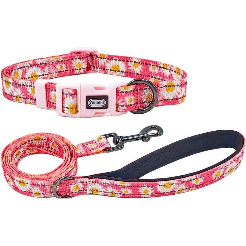Ensemble Collier Et Laisse Pour Chien - Motif Marguerites - Matériau En Polyester Avec Bandes Réfléchissantes - Laisse De 150 Cm - Pour Petits Chiens - Taille S - Rose