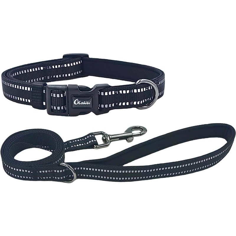 Ensemble Collier Et Laisse Pour Chien - Rembourré En Néoprène - Polyester Avec Bandes Réfléchissantes - Laisse Assortie De 150 Cm - Pour Grands Chiens (Taille L, Noir)