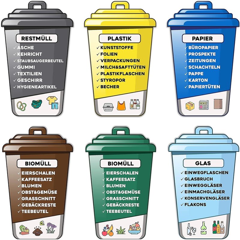 Lot De 6 Autocollants Xl Pour Tri Des Déchets Grand Système De Tri Des Déchets Biomorchés Sac Jaune En Verre Usagé Résistant À L'Eau Et Aux Intempéries Résistant Aux Uv Prédécoupé V3 (19