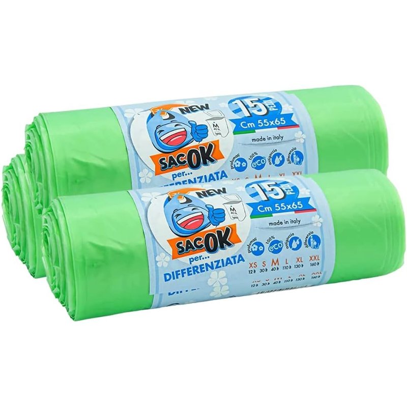 45 Sacs À Ordures Verts, Sacs En Plastique Avec Poignées, 55X65Cm, Sacs Transparents Super Résistants, Sacs À Ordures, Collecte Sélective, Collecte De Déchets En Extérieur