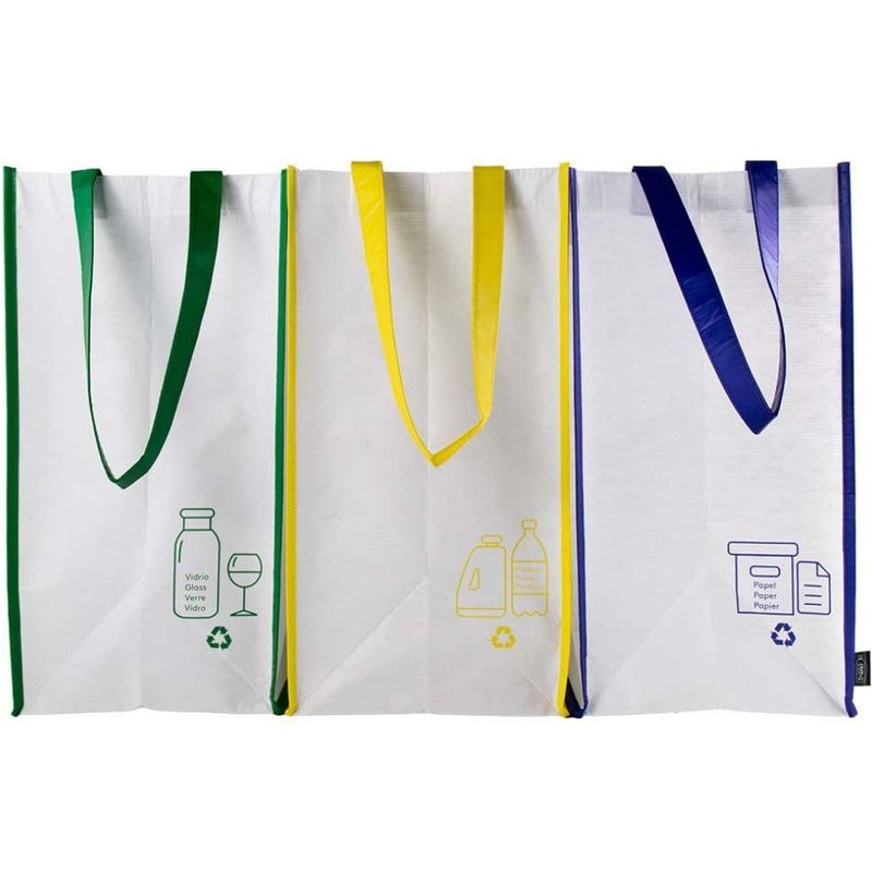 Lot De 3 Sacs De Recyclage Des Déchets, Reliés Par Des Rubans, Pack Avec Sac De Recyclage Bleu, Vert Et Jaune Pour Recycler Plastique, Verre, Papier Et Carton, Durables, 23 L, Avec Poignées, Blanc