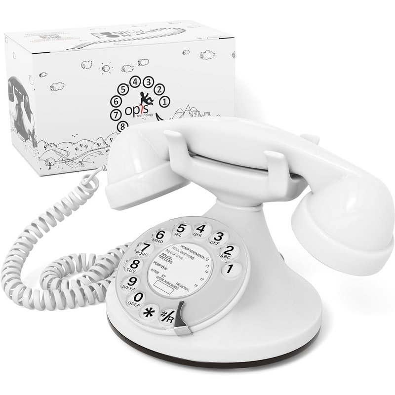 Funkyfon Cable : Téléphone Rétro Au Style Des Années 1920 Avec Cadran Rotatif Blanc