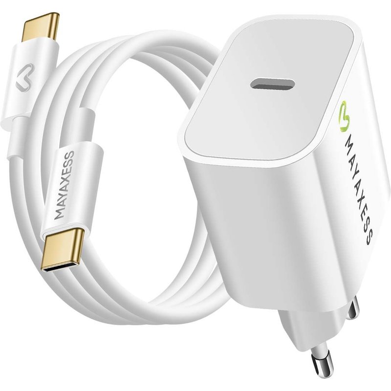 Chargeur Secteur 20W + Câble USB-C 1m pour iPhone 17 / 17 Pro / 17 Pro Max / 17 Air Mayaxess Blanc