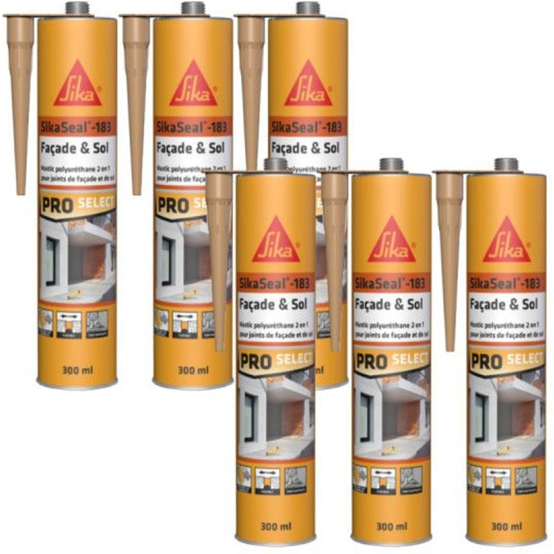 Lot de 6 mastics polyuréthane 2 en 1 SIKA Sikaseal-183 Façade & Sol - Ton pierre - 300ml