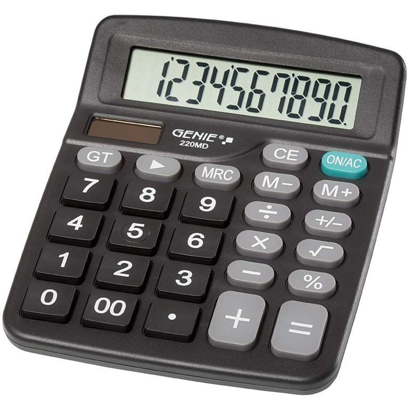 Genie 220 MD Calculatrice de bureau 10 chiffres avec double puissance solaire et batterie Design compact Noir