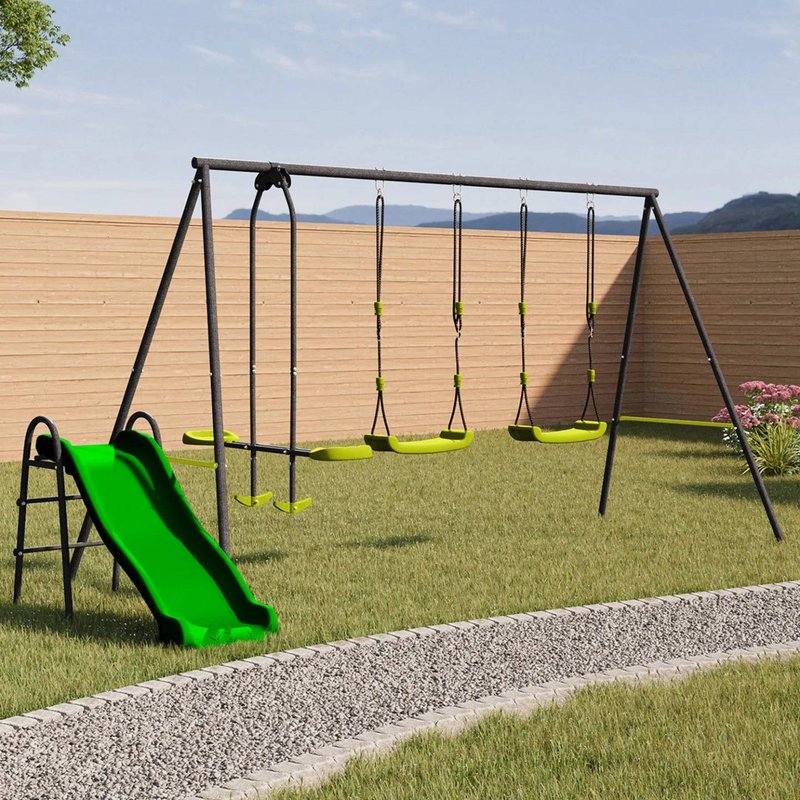 Balançoire 3 Agrès Portique Avec 2 Balançoires, 1 Face À Face Et Toboggan