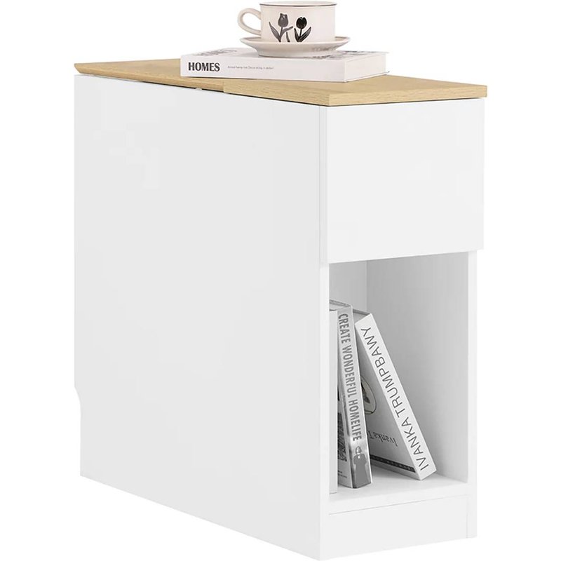 Sobuy Table D'appoint Étroite Avec Étagère Et Tiroirs, Table De Chevet Gain De Place Pour Petits Espaces, W25 X D65 X H60 Cm, Blanc Et Naturel - Fbt162-Wn
