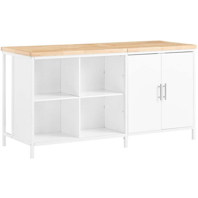 SoBuy îlot Central de Cuisine avec Plan de Travail en Bois d'hévéa, Desserte, Placard de Cuisine avec 2 Portes, 4 Cubes Compartiments, 170x60x89 cm, Blanc KNL09-WN