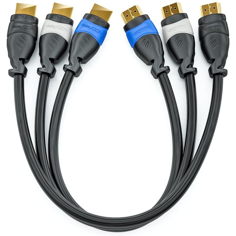 3x 0,5m Ensemble de Câble HDMI Compatible 2.0a/b/1.4a - UHD 4K HDR 3D 1080p 2160p ARC - Ethernet Haut Débit - Bleu Gris Noir