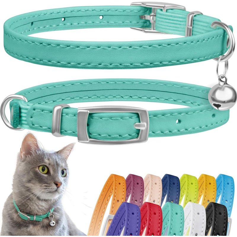 Subzonal-Collier Pour Chat En Cuir De Sécurité Avec Sangle Elastique, Cloche Pour Chaton - Noir, Bleu, Rouge, Orange, Vert Lime (Menthe Verte, 20-28 Cm)