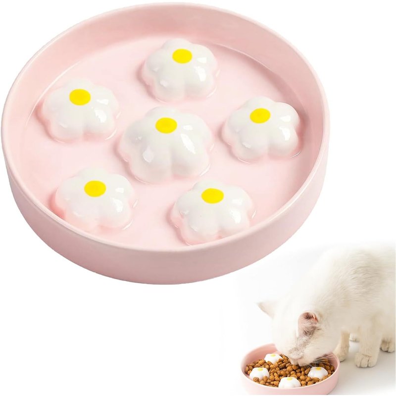 Subzonal-Gamelle Anti Glouton Chat, Bol Slow Food À Fleurs Blanches, Gamelle Pour Chat En Céramique, Anti-Renversement À Alimentation Lente, Ceramique 16 X 3 Cm