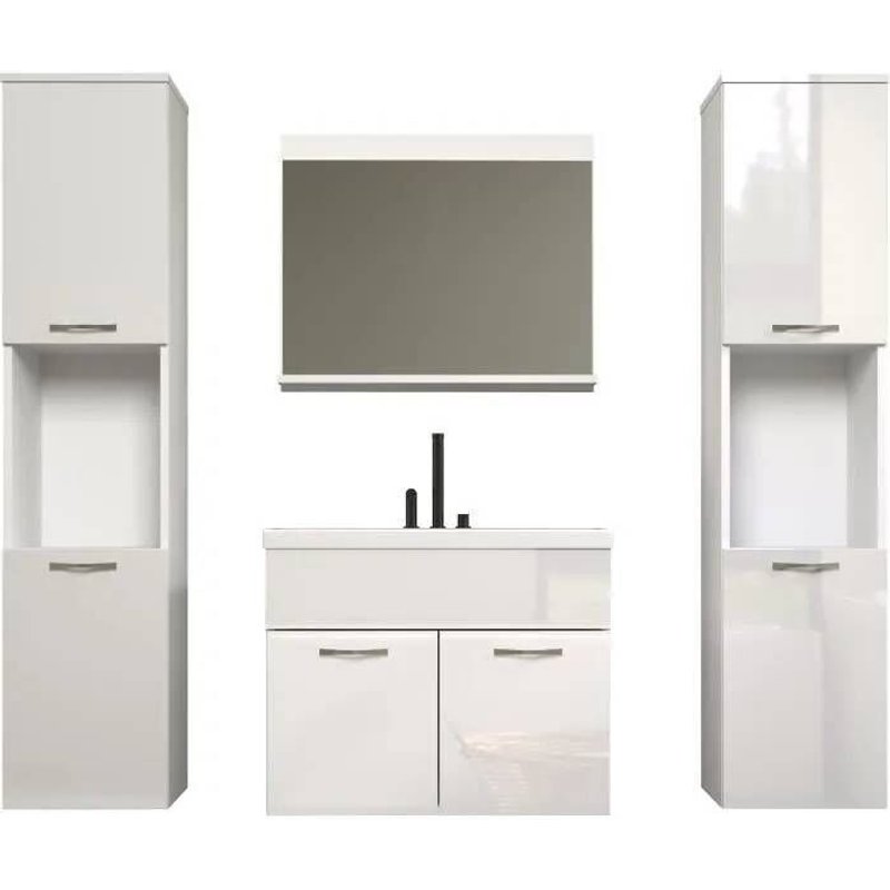 Salle De Bain Complète - Blanc Brillant - 2 Colonnes À Suspendre + Meuble Vasque + Miroir - Haven
