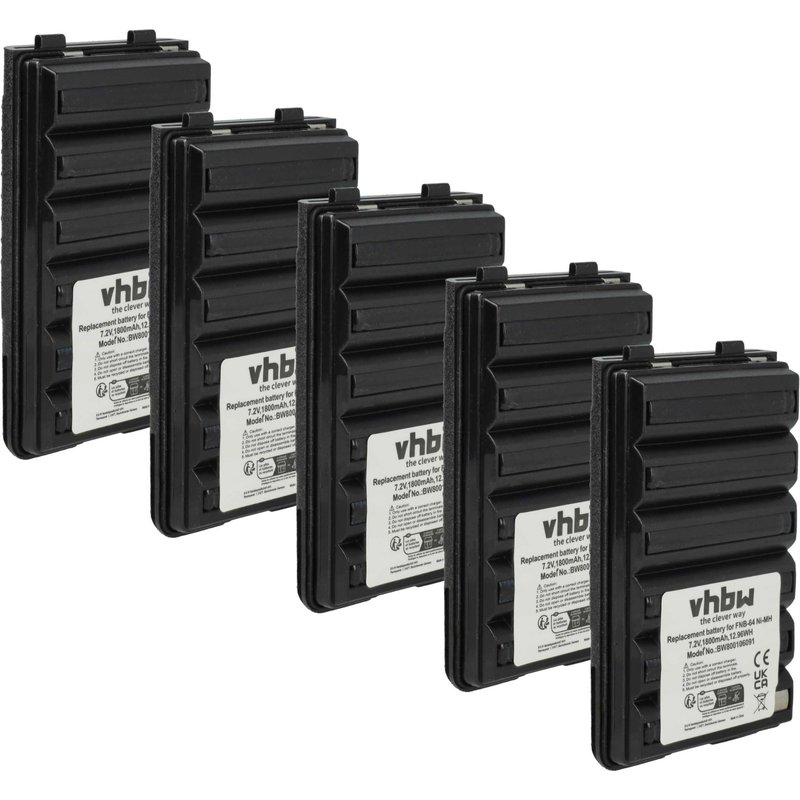 vhbw 5x Batterie compatible avec Yaesu Vertex FT-277R, FT-250R, FT-250E, FT60, FT-270R, FT-270E, FT-60 radio talkie-walkie (1800mAh, 7,2V, NiMH)