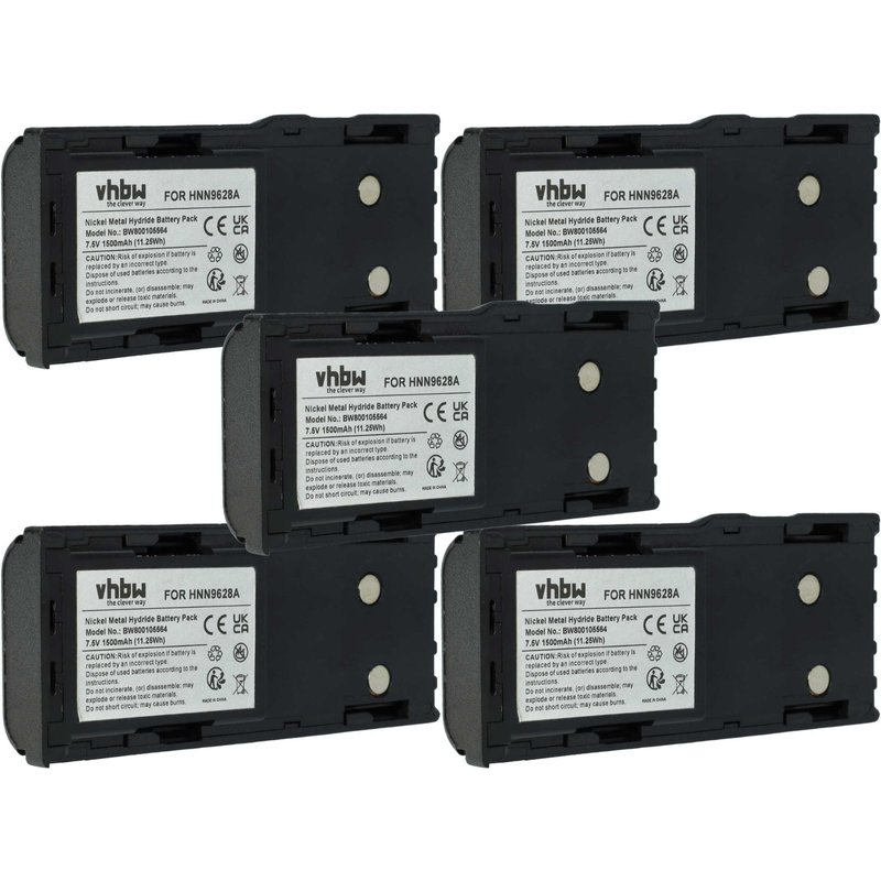 vhbw 5x Batterie remplacement pour Motorola HNN9628AR, HNN9628B, HNN9628A pour radio talkie-walkie (1500mAh, 7,5V, NiMH) - avec clip de ceinture