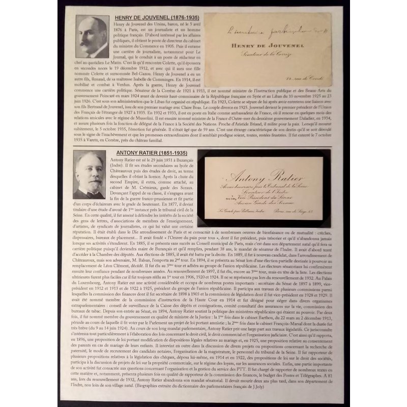 Lot 2 Cartes De Visite Henry De Jouvenel Et Antony Ratier (Sénateur Corrèze Et Sénateur Indre...)