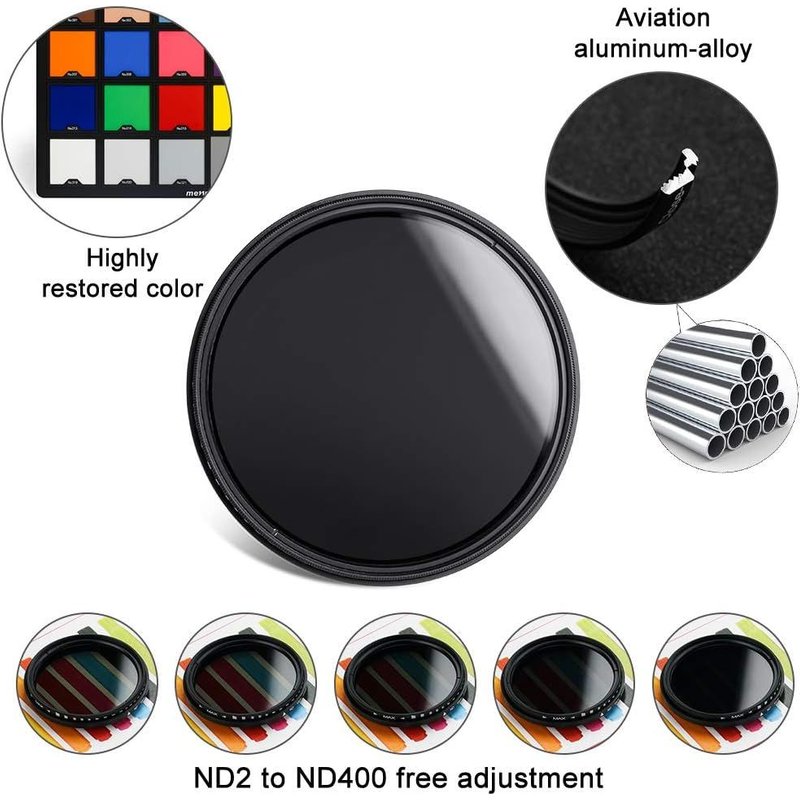 Neutral Grey Filter 52mm Slim Variable ND Filter ND Fader ND2-ND400 Lens Filter for Canon Nikon Sony Pentax Olympus Fuji DSLR Camera + 3 Nylon Slots