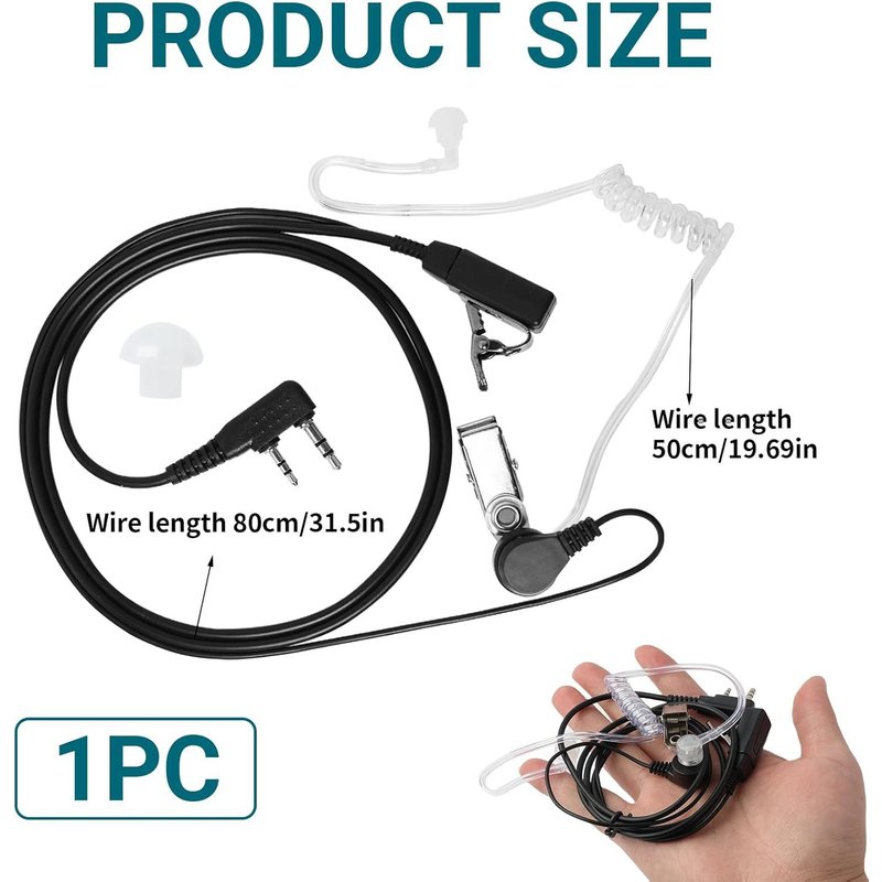 Safety Earpiece Radio Headset Walkie Talkie 2 Pin Headset with PTT Microphone Compatible with Kenwood UV-5R BF-888S RT24 RT27 Two-Way Radio,150 cm