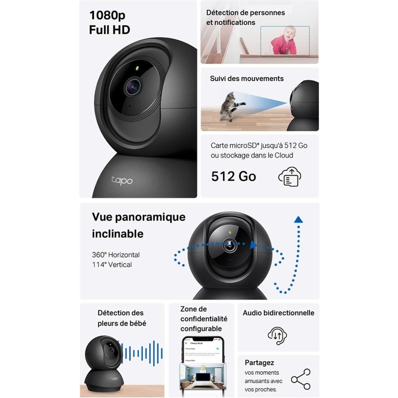 C201 Caméra de Surveillance intérieure WiFi 360°,Vision Nocturne 1080P,détection de Mouvement,Audio bidirectionnel,Compatible avec Alexa et Google Assistant,pour bébés/Animaux domestiques