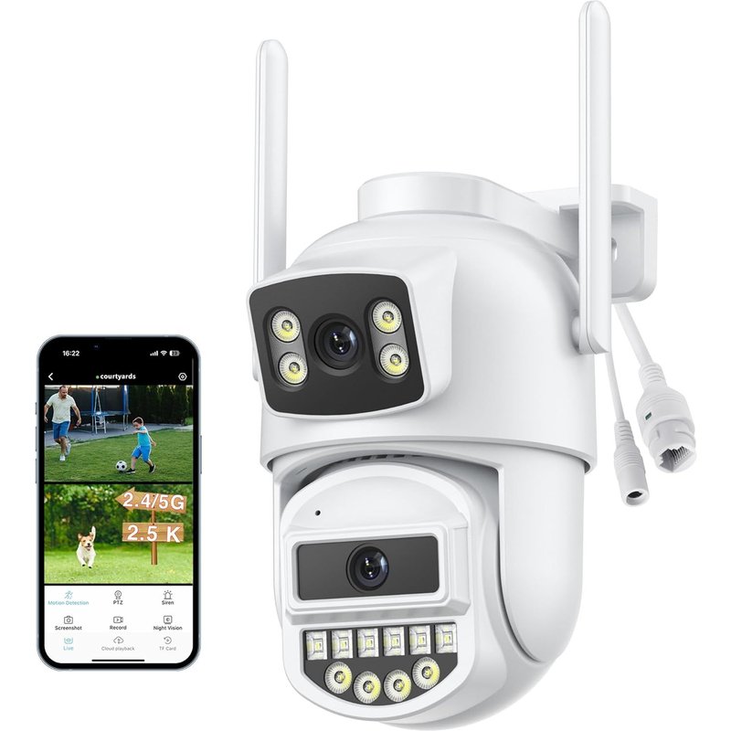 2.5K Outdoor Camera,Dual Lens,2.4/5Ghz,Wired Outdoor Camera,Ethernet,WiFi Surveillance Camera with Colour Night Vision,Two-Way Audio,Human Detection,IP66