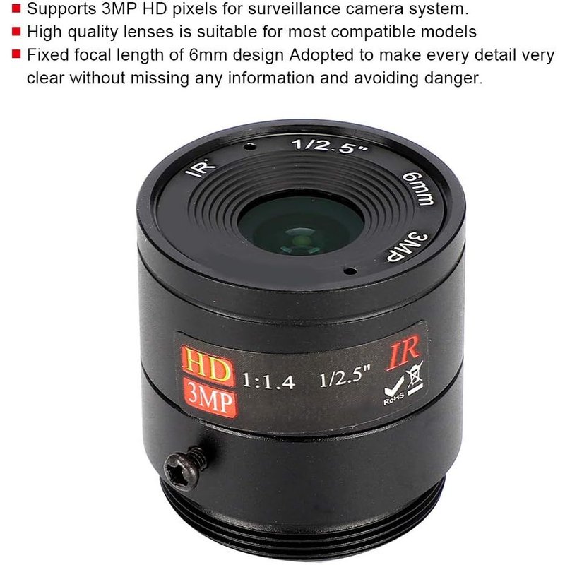 6mm 3MP CCTV Camera Lens,F1.4 Professional CS Mount 1/2.5"" Fixed Focus Security Camera Lens for Security Surveillance Camera