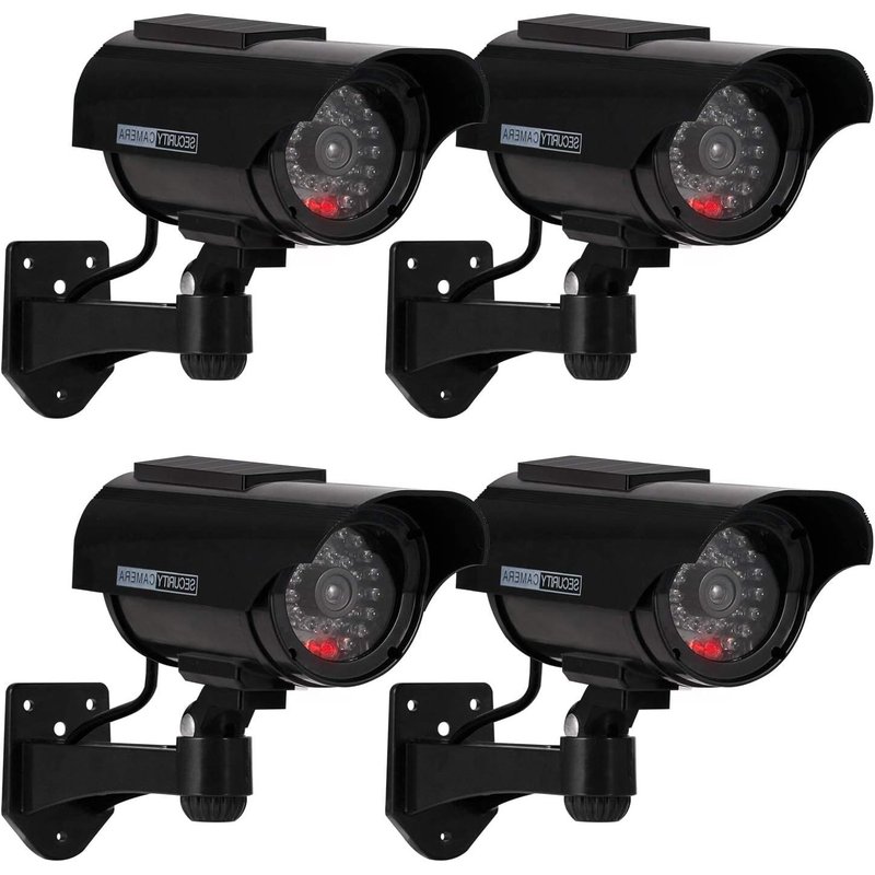 Pack of 4 Outdoor Indoor Fake Surveillance Camera with Red LED Flashing LED Wall Mount (Black)
