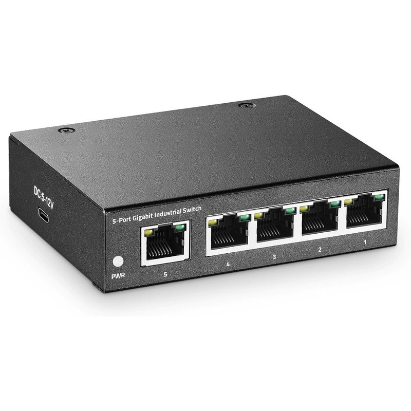 Bin 5 Port Gigabit Industrial Switch,Type C Power Supply,Mini Size,10/100/1000Mbps DIN-Rail Network Splitter,-40 85°C,Fanless IP40,Unmanaged,Switch