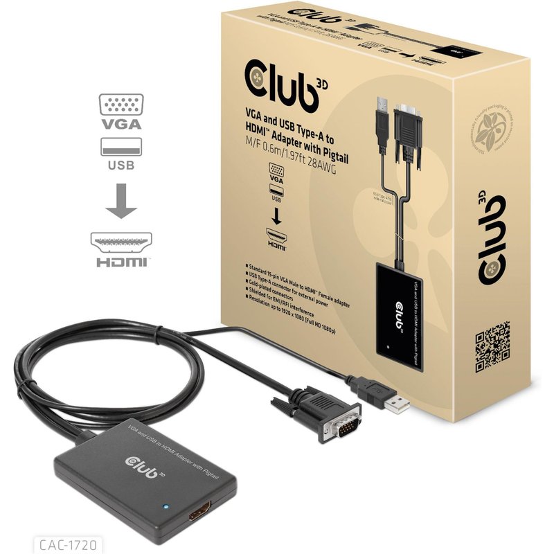 CLUB3D CAC-1720 câble vidéo et adaptateur 0,6 m HDMI Type A (Standard) VGA (D-Sub) + USB Noir