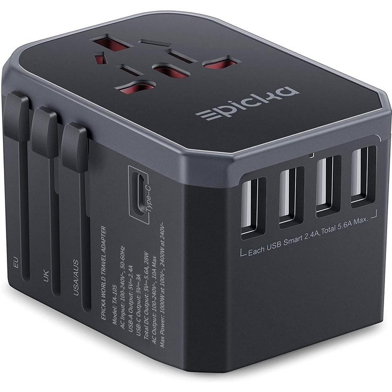 28W Universal Travel Adapter with 1 USB-C Port and 4 USB-A Ports,International Plug for Germany,France,USA,UK,Japan,Thailand,Australia,Grey