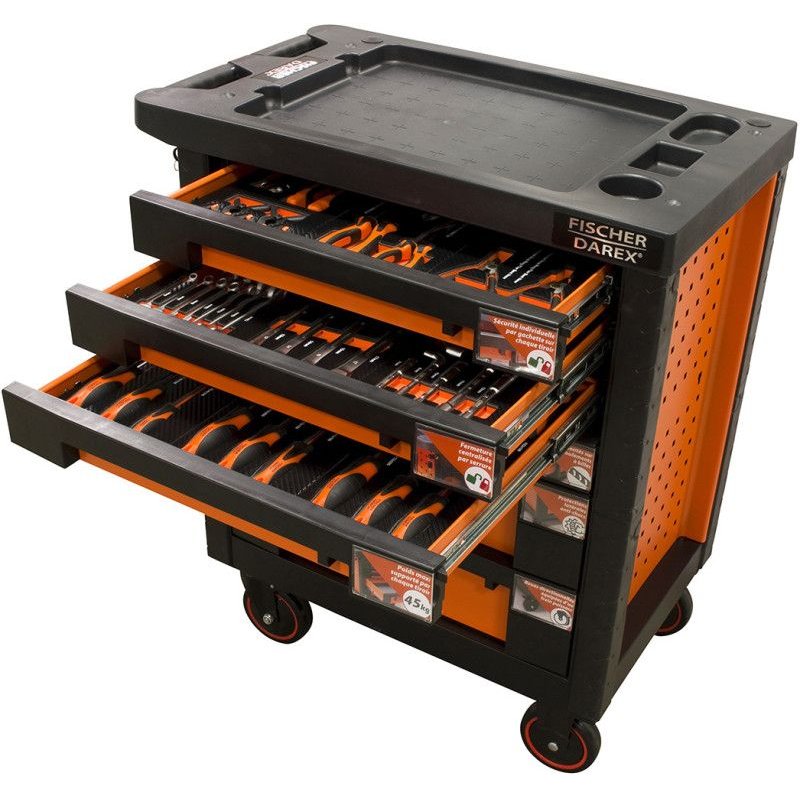 Servante d'atelier équipée pinces + clés + tournevis 62 outils