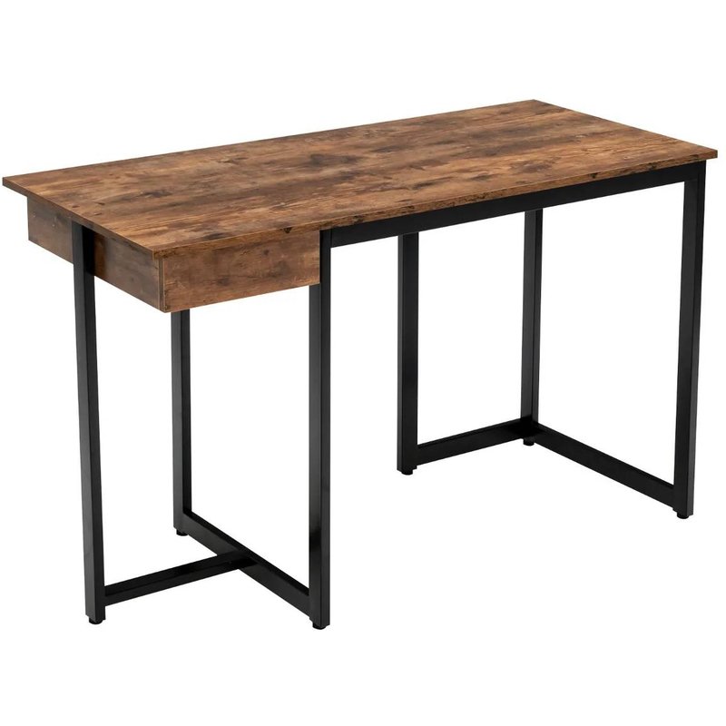 Bureau D'ordinateur 120cm Tiroir Cadre En Métal Repose-Pieds Réglables Bureau Moderne Station De Travail Pour Ordinateur Portable Café Helloshop26 20_0004829