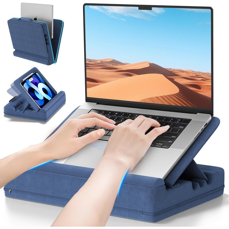 TRAHOO-Coussin Ordinateur Portable avec 3 Angles Réglables, Laptop Pillow avec Support pour Lit avec Coussin, Support d'ordinateur Portable et Sacoche de Transport pour Ordinateur Portable, Bleu