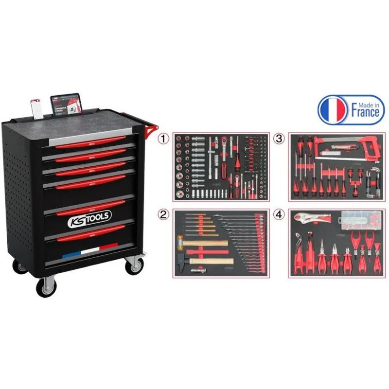 KS Tools 824.6536F Servante d'atelier 6 tiroirs équipée de 265 outils