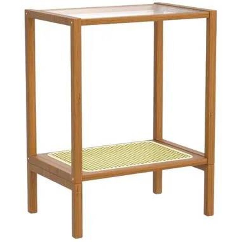 Table De Chevet Basse En Bambou Boho 2 Niveaux Avec Verre, Idéale Pour Petits Espaces Et Décoration Moderne 57x44,5x30,7 Cm