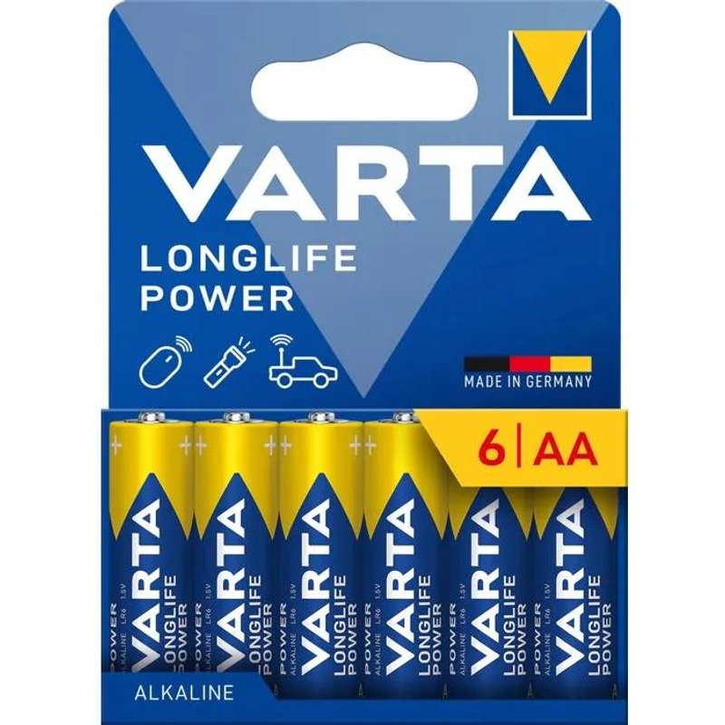 Piles AA - Varta - Longlife Power - Alcalines - Lot de 6 - Fabriqué en Allemagne