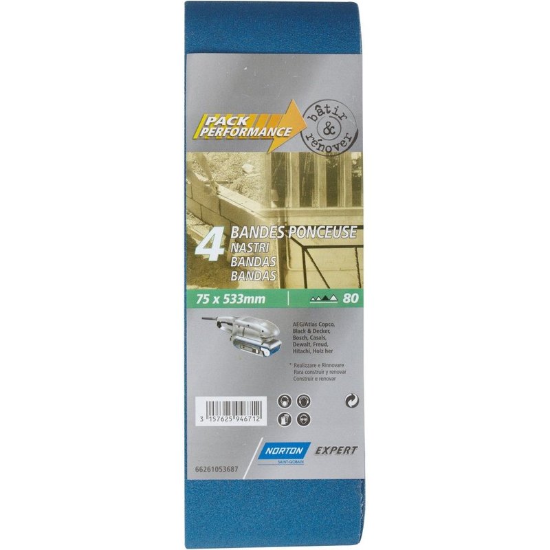 Lot de 4 bandes abrasives NORTON, 75 x 533 mm, grains 80